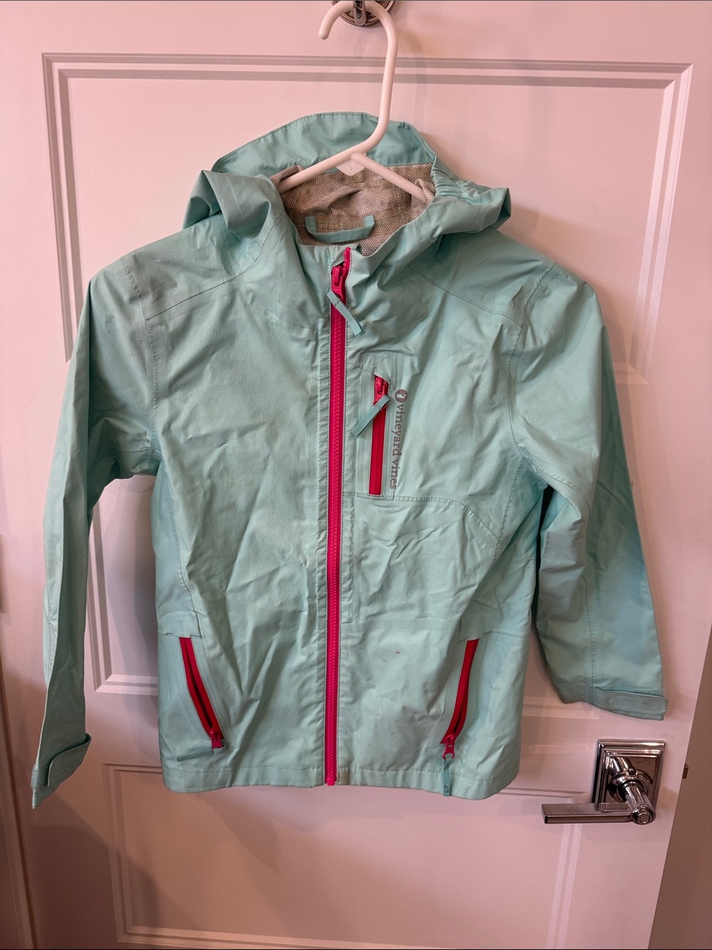 Vineyard Vines Kids Mint Green Raincoat with Pink Zipper Accents